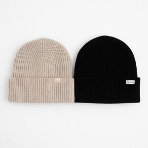 Lot 2 Madewell Merino Wool Beanies Black & Oatmeal OS Chunky Knit Cuffed Winter